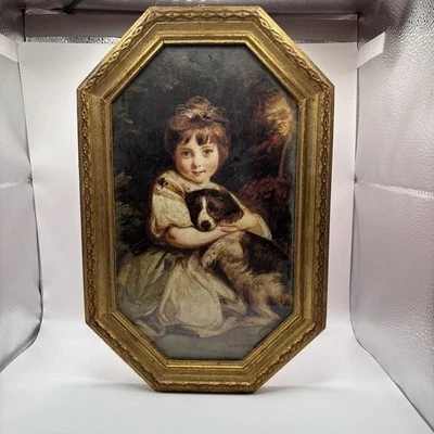 8.75 X 13.75 Rare Octagon Gold Vintage Frame W/ Girl & Dog Made In Italy  - Image 1 of 4