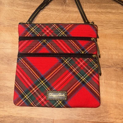 Bolso Bandolera Cartera Dooney & Bourke Tela Cuero Rojo Tartán Cuadros Cremallera Foto 1 de 4
