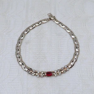 Vintage Silver Toned C-Link Statement Necklace with Red and Clear Rhinestones - Picture 1 of 9