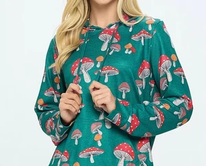 NWT L.A Soul Mushroom Print Long Sleeve Pullover Hoodie Green Women's Size M - Picture 1 of 18