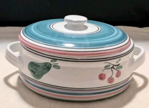 Caleca Hand Painted 1.5QT Covered Casserole Baking Dish With Bands and Fruit - Picture 1 of 13