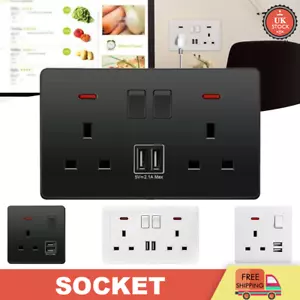 Single Double Wall Plug Socket 13A w/ 2 Charger USB Ports Outlets Flat Plate - Picture 1 of 16