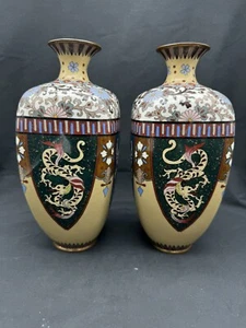 Antique Pair of Japanese Cloisonne Enamel Dragon and Phoenix Vases, 9" - Picture 1 of 22