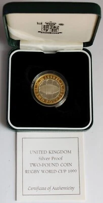 UK 1999 Rugby World Cup Silver Proof £2 Two-Pound Coin, Royal Mint COA - Image 1 of 4