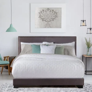 Queen Upholstered Platform Bed Frame Solid Wood Bedframe Nailhead Trim Headboard - Picture 1 of 5