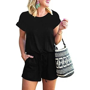 Margrine Women's Short Sleeve Jumpsuit Crew Neck Elastic Waist, Pockets, Black L - Picture 1 of 8