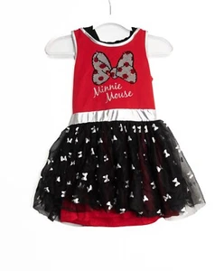 Disney Minnie Mouse Girls Red & Black M Dress W/ Sequin Bow & Tulle Skirt Silver - Picture 1 of 6