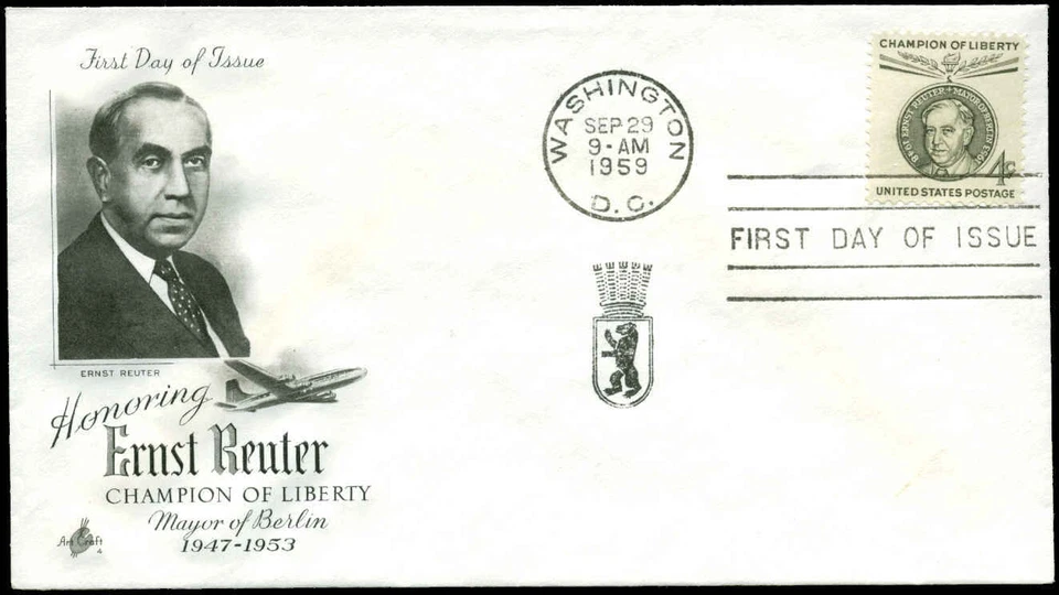 US FDC #1136 Artcraft Cachet Washington, DC Ernst Reuter  3 1/2" Gummed Flap - Image 1 of 1