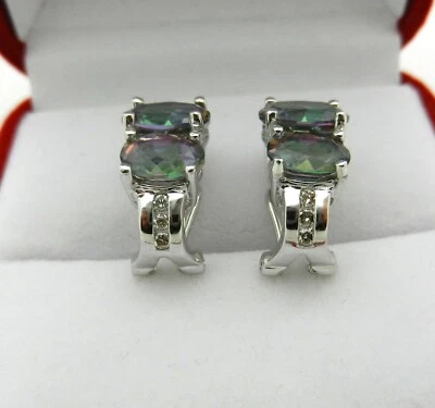 Mystic Topaz Earrings Solid 14k White Gold & Diamonds 5.4 grams Omega Back - Image 1 of 4