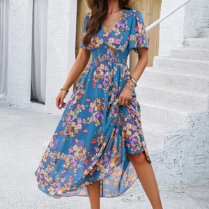 Abito donna midi floreale chiffon scollo a V scollato spiaggia swing boho vacanze estate - Foto 1 di 25