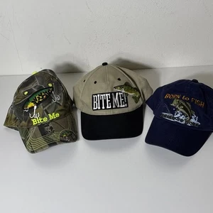 VTG Bite Me / Born To Fish Fishing Embroidered  Hat Lot. Set Of 3. - Picture 1 of 14