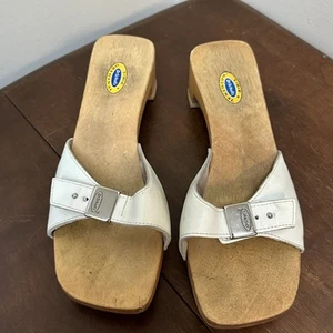 Vintage Dr. Scholls Original Exercise Wooden Sandals White 8 Leather Made Brazil - Picture 1 of 10