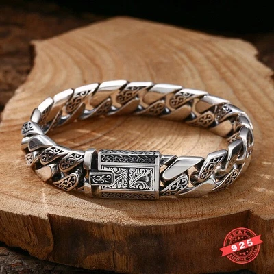 Brazalete de cadena de eslabones cubanos Miami de plata esterlina 925 sólida pesada de 12 mm Hip Hop para hombre Foto 1 de 4