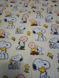 Peanuts Character Cotton Fabric Yellow white stripe Charlie Brown Snoopy 30x27 - Picture 1 of 5