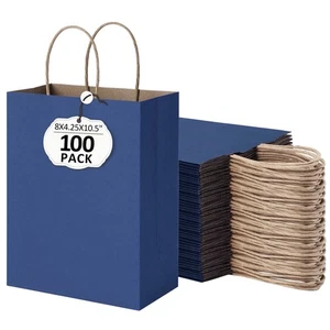 100Pcs Navy Blue Kraft Paper Gift Bags 8x4.25x10.5 Coastal Boutique Retail Gifts - Picture 1 of 19