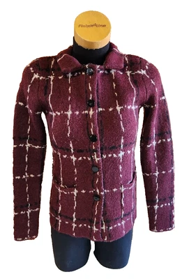 Cárdigan Suéter Adrienne Vittadini Borgoña Cuadros Talla M Mezcla de Lana Abotonada Foto 1 de 4