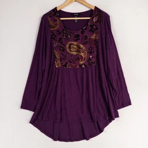 Style & Co. Woman Top 2X Purple Stretch Knit Paisley Velour Design Long Sleeve - Picture 1 of 8
