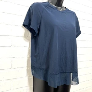 Marineblaues lululemonfarbenes Spandex-T-Shirt mit Tulpenrücken Damen S sportliches Oberteil Netzdetail - Bild 1 von 7