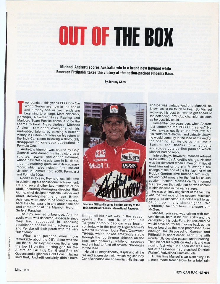 Emerson Fittipaldi - Página de revista firmada Foto 1 de 1