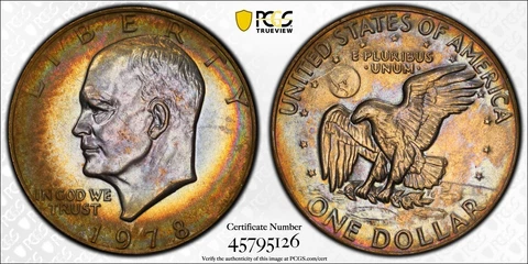 MS65 1978 $1 Eisenhower Dollar, PCGS Secure- Rainbow Album Toned Cover