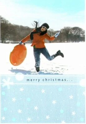 YOUNG WOMAN SLEDDING FUN Hallmark Christmas Greeting Card w/ Envelope New MG88 - Image 1 of 3