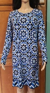 Michael Kors dress blue white Geometric polyester spandex long sleeve Sz MED - Picture 1 of 11
