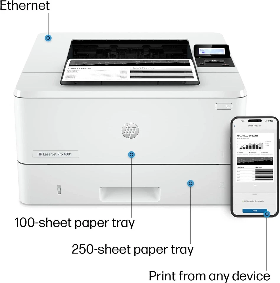 HP LaserJet Pro 4001N Monochrome Laser Printer 2Z599F AIM-ReCertify with Toner - Image 1 of 1