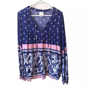 Camicetta Knox Rose XXL Plus floreale boho floreale paisley stampa blu scollo a V manica - Foto 1 di 3