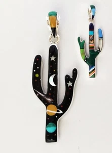 Reversible Multicolor Turquoise Celestial Inlay .925 Silver Cactus Pendant - Picture 1 of 2