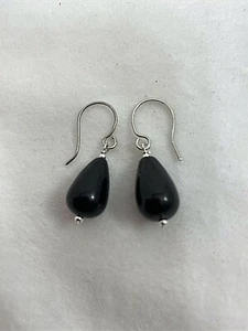Handgefertigt ~ USA ~ Sterlingsilber 0,925 Onyx birnenförmige Perlen 1 1/2" Ohrhänger  - Bild 1 von 3