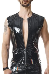 Men’s Black Vinyl Zip Tank Top | Shiny Pride Vest with Rainbow Detail Clubwear - Picture 1 of 10