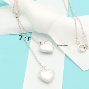 Tiffany & Co. Puff Double Heart Dangle Pendant Necklace 16.2" Silver 925 w/Pouch