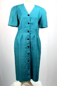 Vintage 80's Liz Claiborne Teal Linen Sheath Style Button Front Dress 10 - Picture 1 of 8
