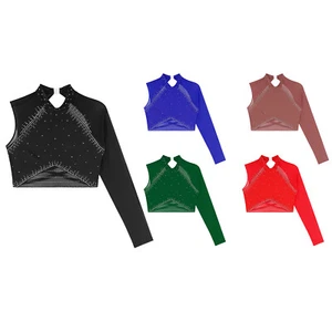 Women Crop Top Dance T-shirt Athletic Tops Lyrical Blouse Rhinestones Dancewear - Picture 1 of 68