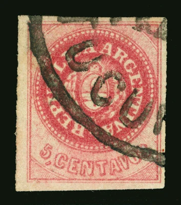 ARGENTINA 1863 Seal of the Republic 5c rose Sc# 7Cm worn plate- used nice cancel - Image 1 of 2