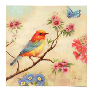 Große Leinwand Vogel Blumen Wandbild handgemalt 28 x 28 Natur Schmetterlinge Deko - Bild 1 von 12