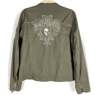 Chaqueta Moto Harley Davidson Lona Verde Bordada Calavera Tachuela Manga Larga Talla L Foto 1 de 4