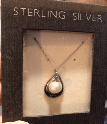 18” Sterling Silver Necklace W/ 5/8” Pendant With Faux Pearl-Never Worn - Image 1 of 4