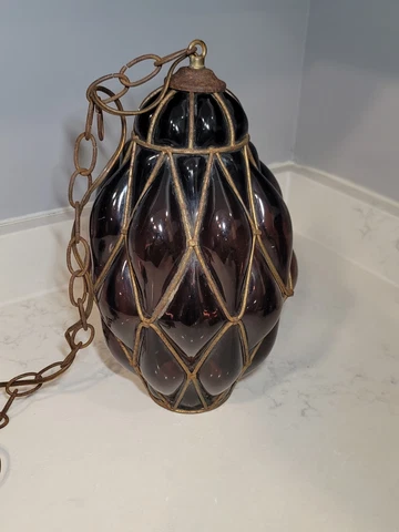 Vintage Purple Caged Amber Blown Bubble Glass Swag Hanging Pendant Light Fixture Cover