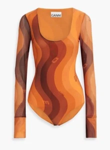 Ganni Printed Mesh Bodysuit In Orange, Size M, New With Tags - Picture 1 of 6