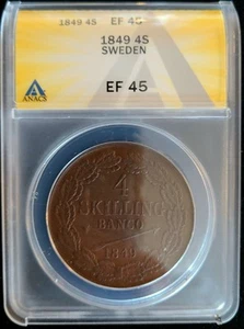 1849 Sweden 4S 4 Skilling Large Copper Coin ANACS XF 45 Oscar I Sveriges Konung - Picture 1 of 5