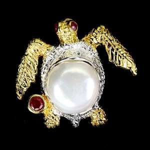 925 Sterling Silver Pendant Round Ruby Pearl Natural Gemstone Turtle Jewelry - Picture 1 of 13