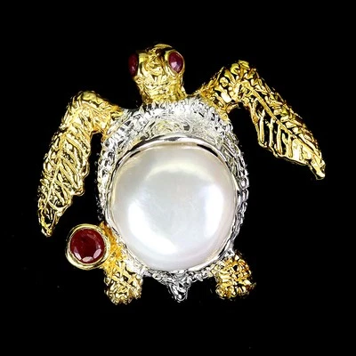 925 Sterling Silver Pendant Round Ruby Pearl Natural Gemstone Turtle Jewelry - Image 1 of 4