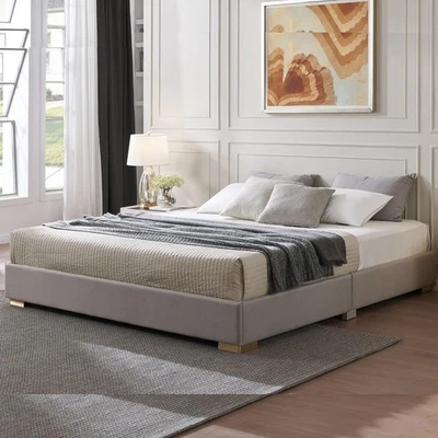 Marco de cama tapizado con plataforma tamaño queen para muebles marca Kings, marrón/dorado Foto 1 de 4