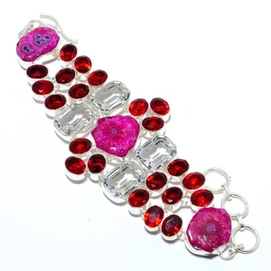 Pink Solar Quartz Eye, Garnet Silver Plated Jewelry Ethnic Bracelet 7-7.99" T8 - Picture 1 of 3