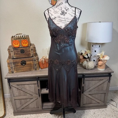 Vintage Adriana Papell Evening Midi Silk Beaded Dress Sz 10 Fairy Y2k Whimsy - Image 1 of 4