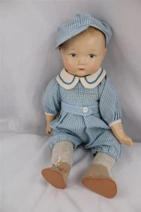 1920er 15" ANTIKE DEUTSCHE ZUSAMMENGESETZTE BABY PUPPE ~ STOFFKÖRPER MIT SCHARNIER ~ BLAUER MATROSENANZUG - Bild 1 von 11