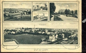 Alte Ansichtskarte Gröditz, Kirche/Schule, Zellulosefabrik, Eisenwerk 1923 - Bild 1 von 2