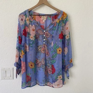Fig & Flower Womens Floral Puff Sleeve Top Size 2X Blue Peasant Boho Cottagecore - Picture 1 of 15