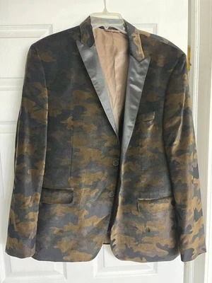 Van Heusen Studio Tuxedo Jacket Men 46R Brown Black Camo Velvet Dinner Smoking - Image 1 of 4